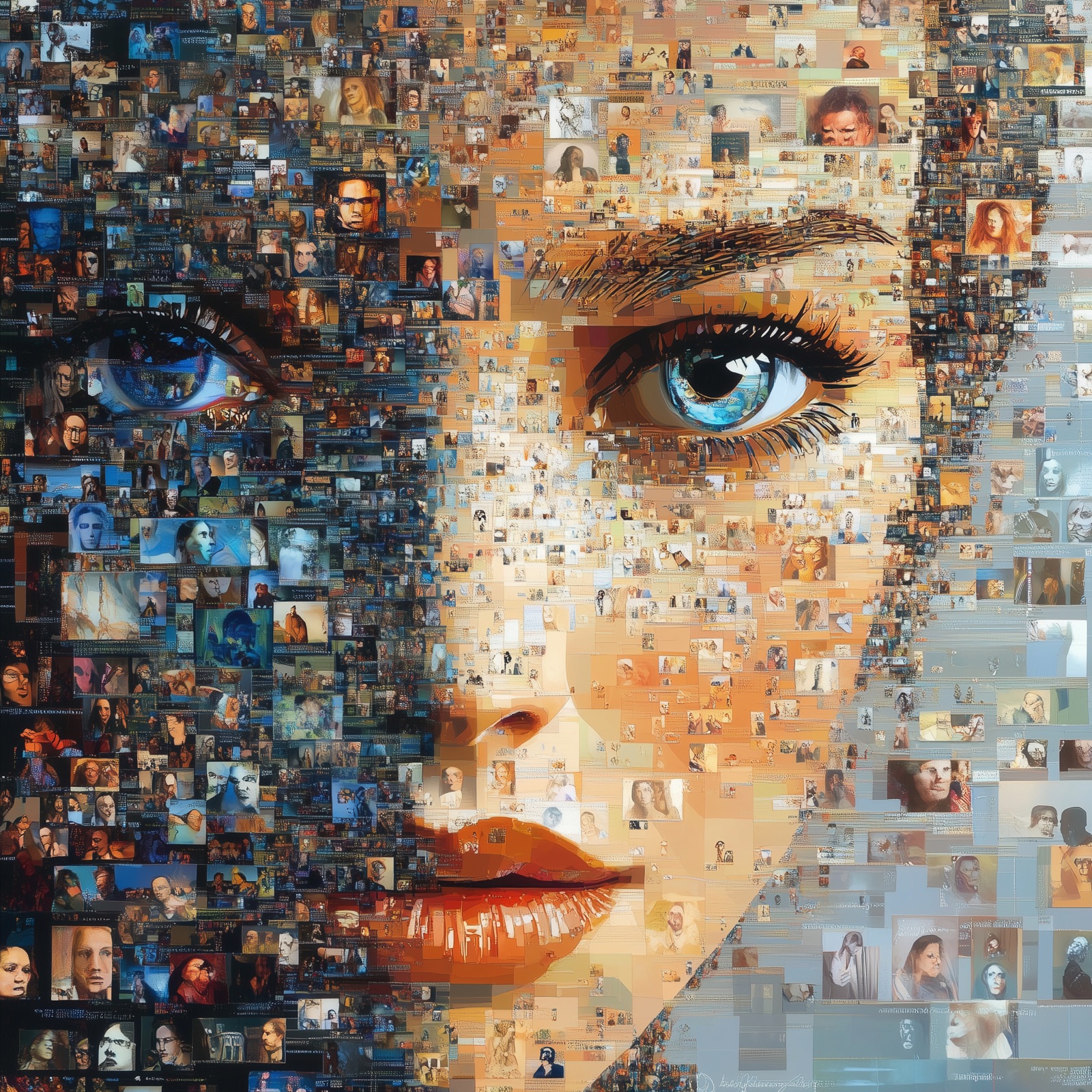 Quadrillions of tiny, distinct faces, representing the collective imagination of humanity and the beginning of a new cognitive era.